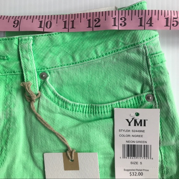YMI SZ 5 Mid-Rise Denim Frayed Cut-Off 3" Women's Shorts in Lime Green NEW - Picture 13 of 14